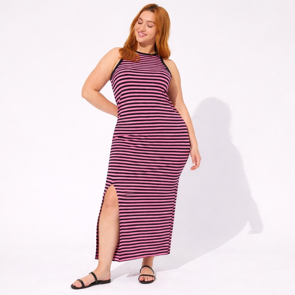 Torrid Striped Maxi Rib Bodycon Slip Dress Pink Black Size 3